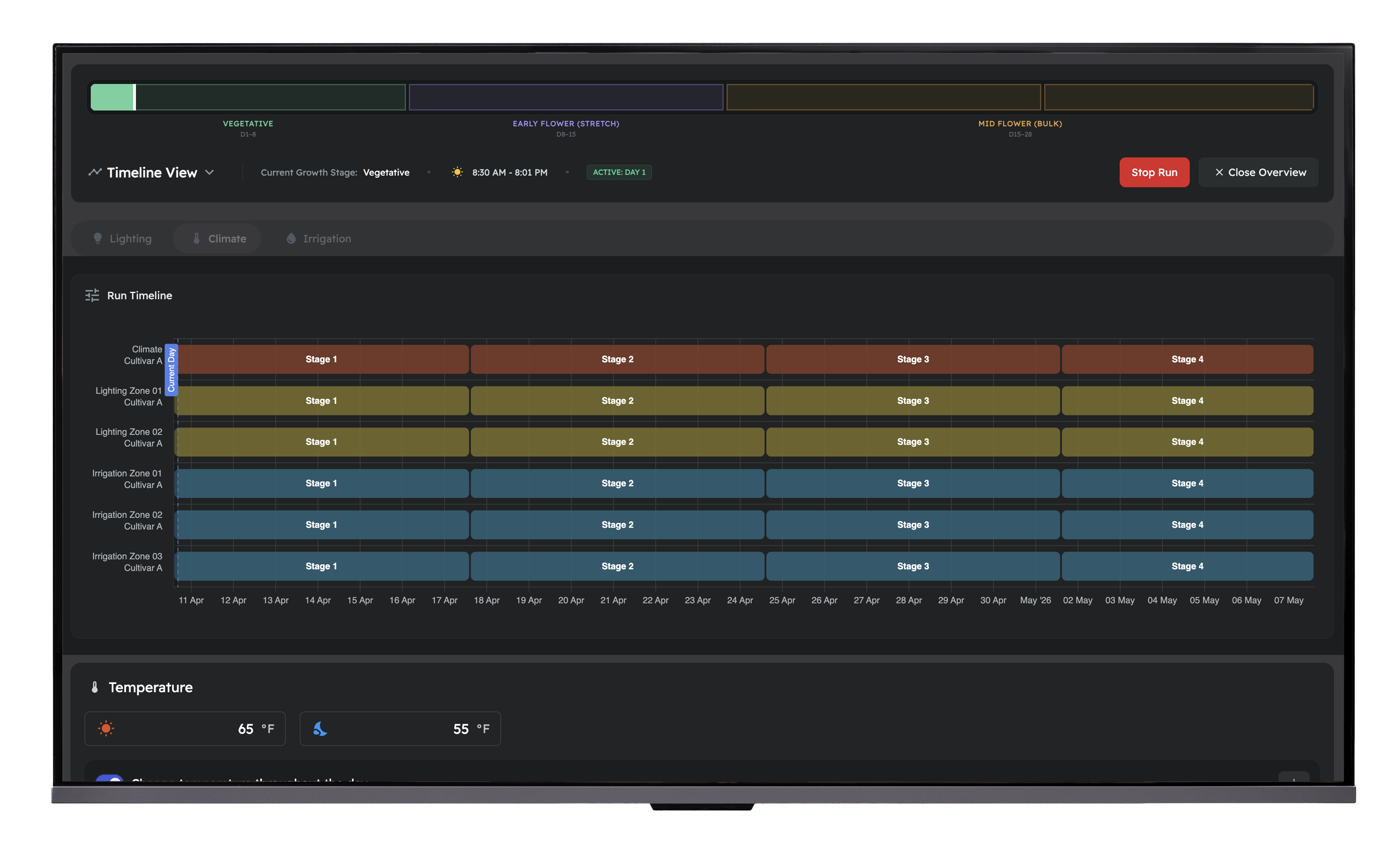 Growlink OS Blueprint editor — automation logic with rules, thresholds, and conditional triggers connected to your Blueprint